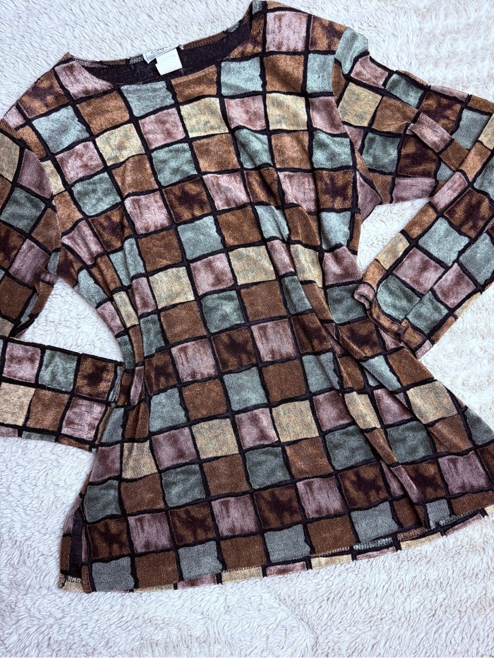 90s Vintage Caviar Whimsigoth Patchwork Long Sleeve Top in Brown & Sage